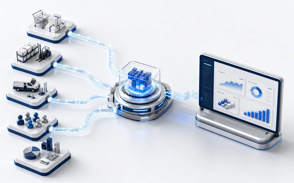 Automated business workflow connecting sales, logistics and reporting