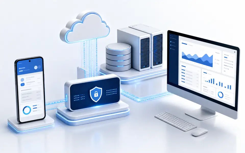 Saltiana system connecting an Android application, API, server and business web portal