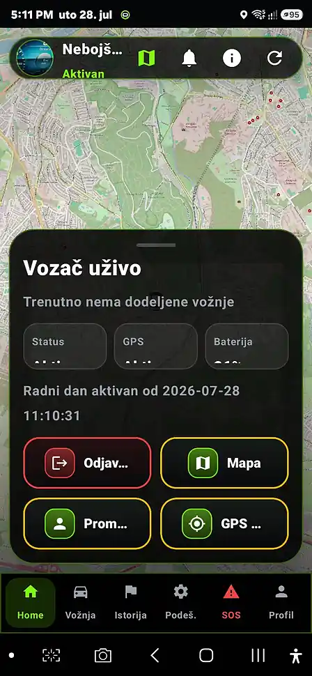 Safe Driver Vozač aplikacija sa statusom vozača, mapom, GPS-om i dodeljenim vožnjama