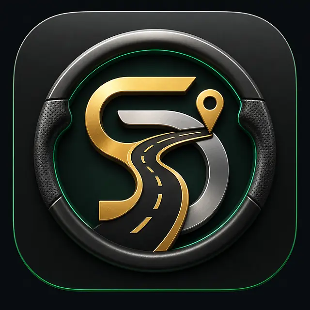 Logo aplikacije Safe Driver Vozač sa volanom, putem i oznakom lokacije